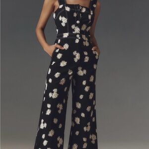 Anthropologie Maeve The Portside Black Floral Wide-Leg Jumpsuit